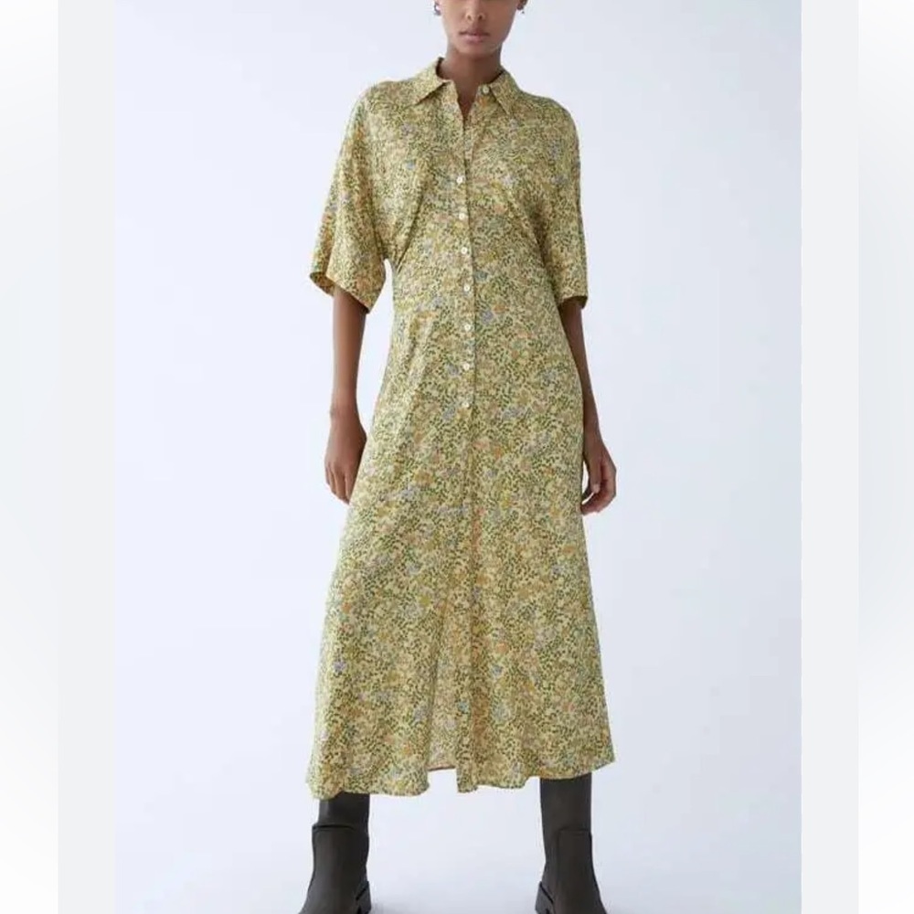 Zara floral printed vintage inspired midi length short sleeve dress size small